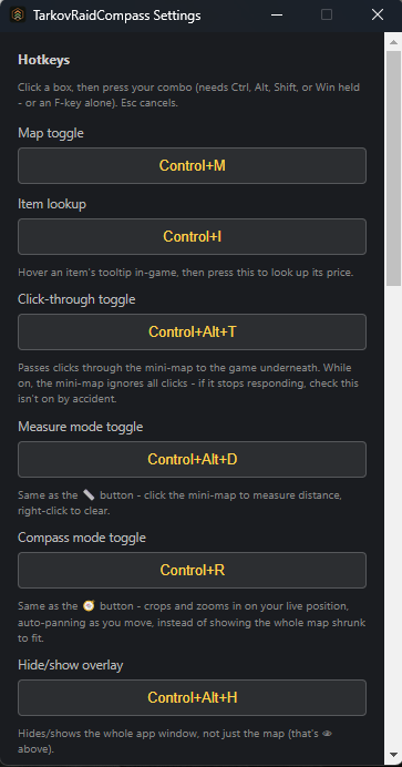 Overlay Settings window's Hotkeys section, showing a customizable field for each shortcut - defaults are listed in the table below