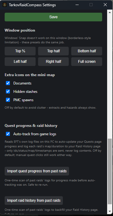 Overlay Settings window showing the Extra icons on the mini-map checkboxes and the Quest progress & raid history section with Auto-track from game logs enabled