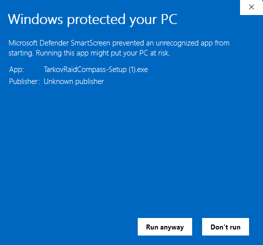 Windows SmartScreen warning expanded to show 'Run anyway' button